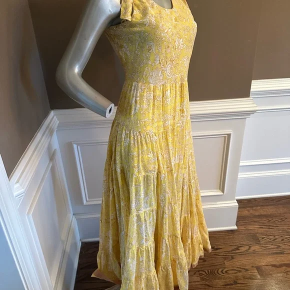 FREE PEOPLE Floral Yellow Maxi Tiered Sundress Sz Small - Picture 4 of 6